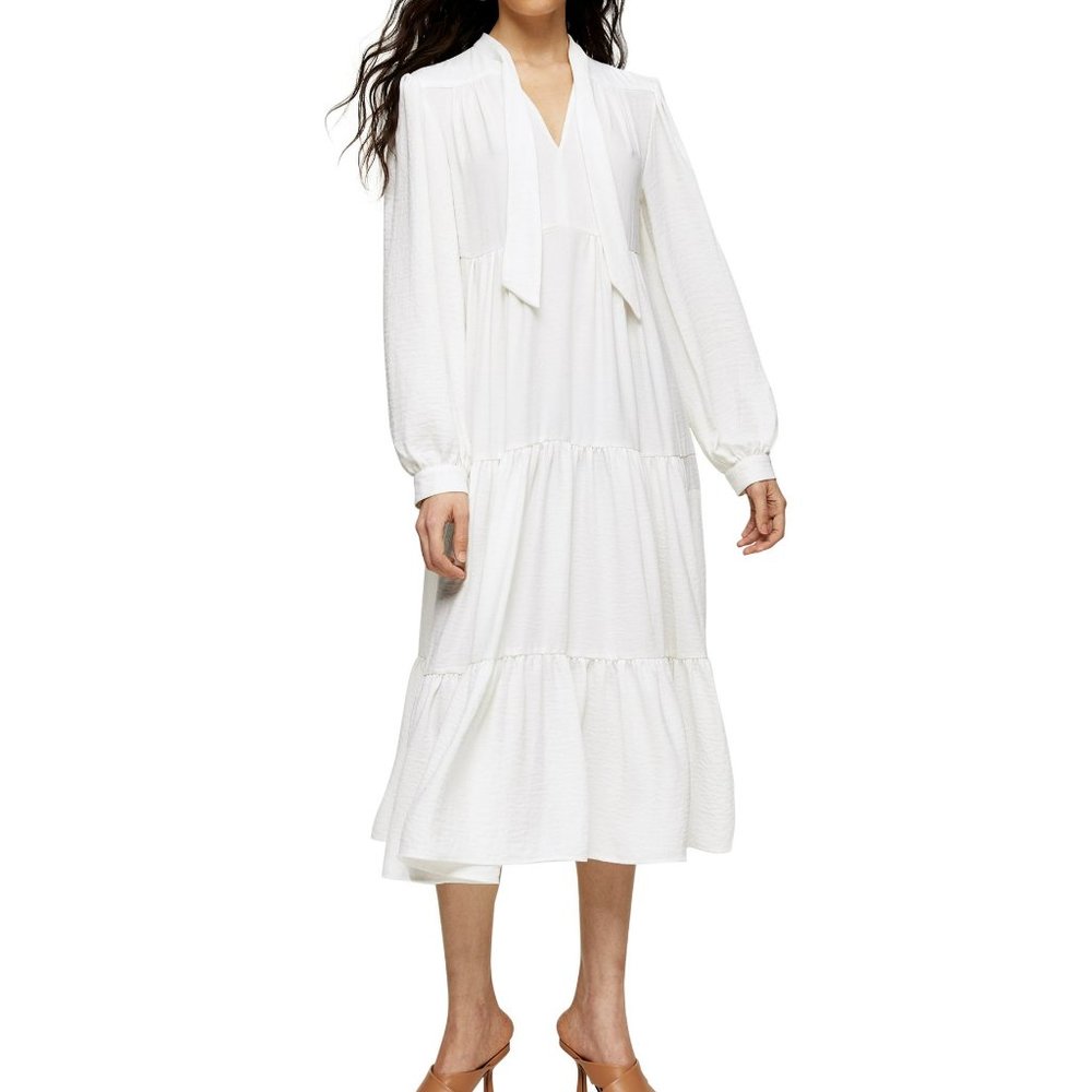 Topshop Tiered Tie Chuckon Long Sleeve Midi Dress a-line trapeze ivory new 6
